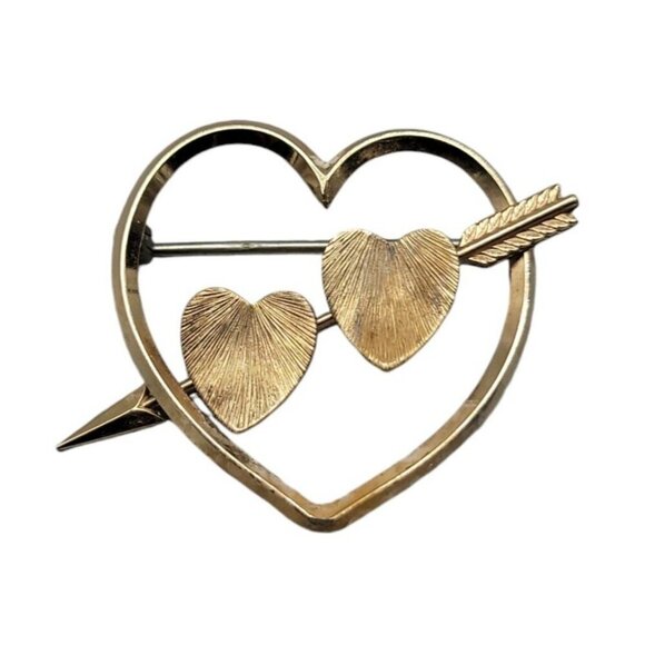 Krementz Gold Plated Brooch Triple Heart & Arrow Signed Vintage - Picture 7 of 9